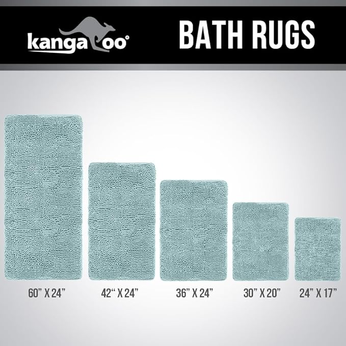 KANGAROO Bathroom Rugs, Chenille Soft Absorbent Bath Rug, Shaggy Shower Mat, Quick Dry Machine Wash Bathmat, Plush Carpet Mats for Tub, Bathtub and Room Home Decor Accessories, 24x17, Seafoam