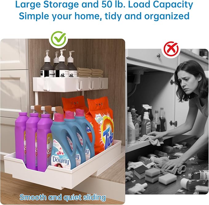 2-Tier Under Sink Organizers and Storage 2 Pack Sliding L-shape Under Cabinet Organizers For Narrow Space Multi-purpose Sink Organizer for Bathroom Kitchen Drawer(White 2 Pack)