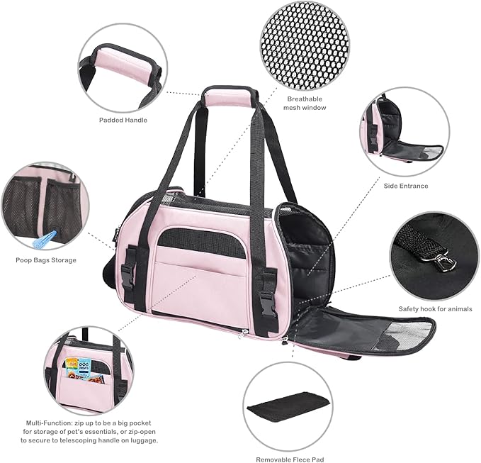 JESPET Soft-Sided Kennel Pet Carrier for Small Dogs, Cats, Puppy, Airline Approved Cat Carriers Dog Carrier Collapsible, Travel Handbag & Car Seat (Pink2, 19" L x 10" W x 13" H)