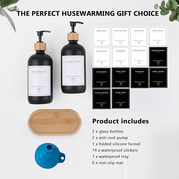 Black Glass Soap Dispenser - Hand Dish Soap Dispenser Set for Kitchen with Sturdy Pump and Tray, 14 Waterproof Labels, Bathroom Refillable Soap Lotion Dispenser-Black