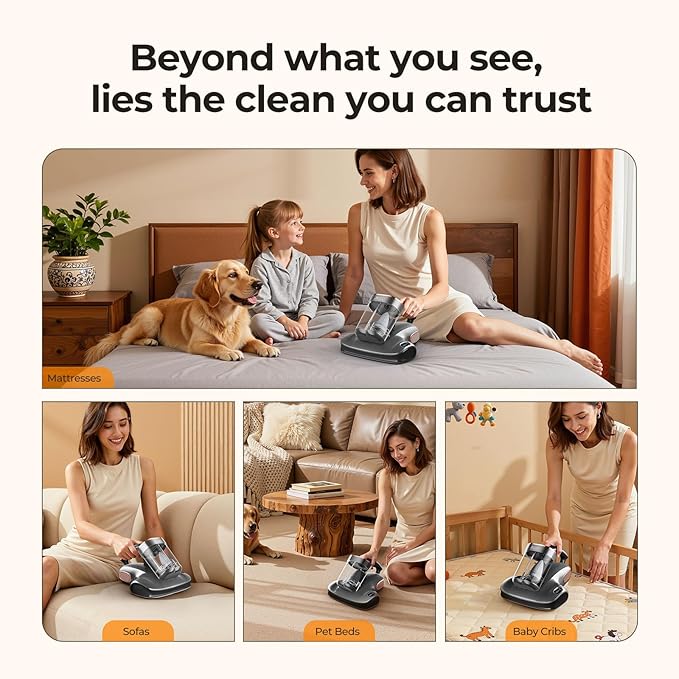 JIGOO Mattress Vacuum Cleaner with UV-C Light, Bed Vacuum Cleaner with Dust Sensor, Ultrasonic and High Heating, Deep Cleaning Bed Vacuum for Sofa Bed Fabric Surface (S100 Cordless)