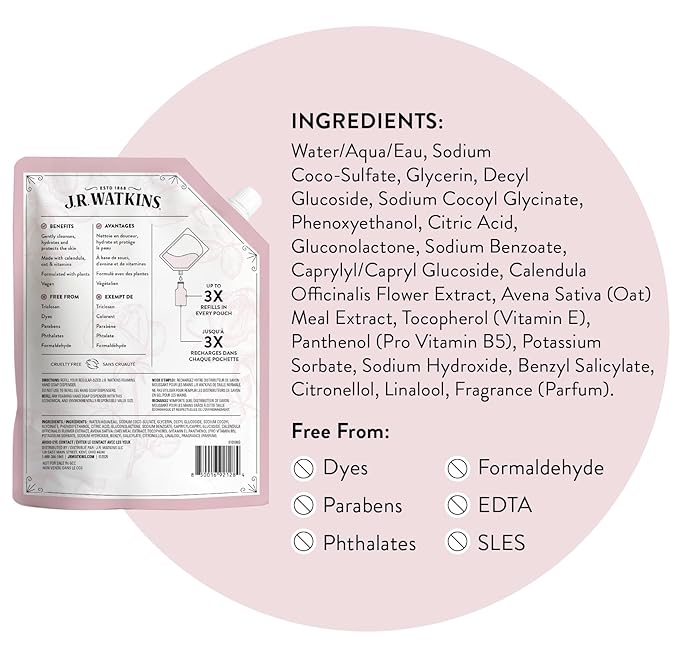 J.R. Watkins Foaming Hand Soap Refill, Moisturizing Foam Hand Wash, Formulated with Plant-Based Cleansers, Alcohol-Free, Cruelty-Free, Rosewater, 28 fl oz, 2 Pack