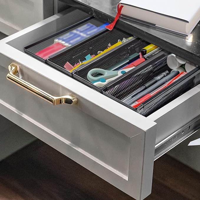 2PCS Drawer Organizer, Mesh Drawer Organizer with Interlocking Arm for Utensil, Cosmetic, Flatware, Pen (12 * 3 * 2 Inches, Black)