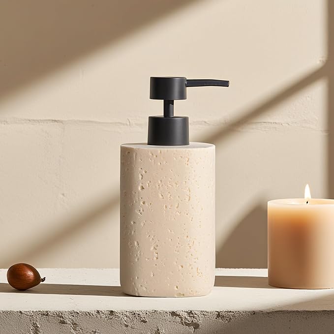 2 Pack Beige Resin Soap Dispensers, Refillable Liquid Lotion Dispenser Bottles with Travertine-Look for Bathroom and Kitchen Countertop, Modern Stone Texture (10.8 oz)