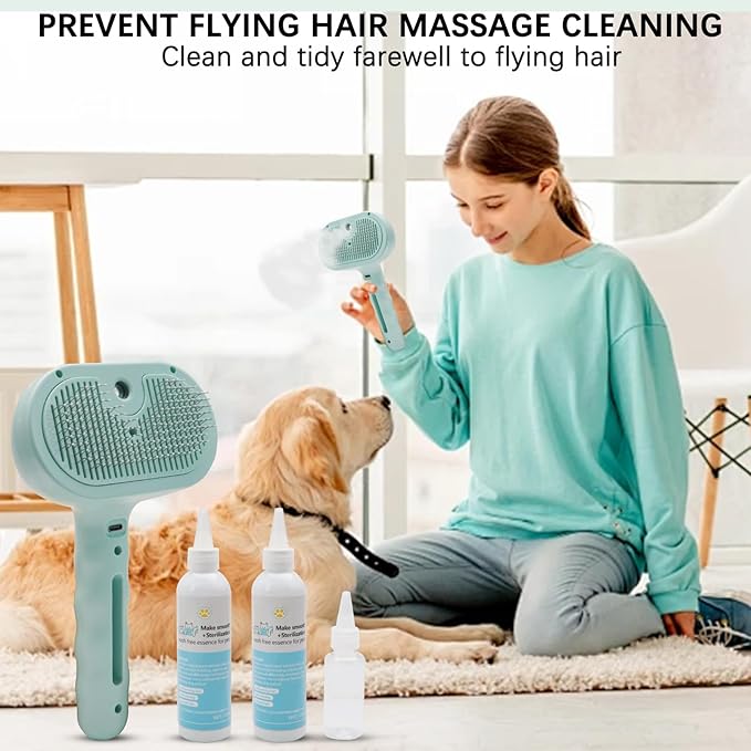 Pet Steam Brush for Cat & Dog – 4-in-1 De-Shedding, Steam Spray, and Self-Cleaning Grooming Tool – Ideal for Long and Short-Haired Pets– Includes 2 Bottles of 120 mL Waterless Shampoo(Green)