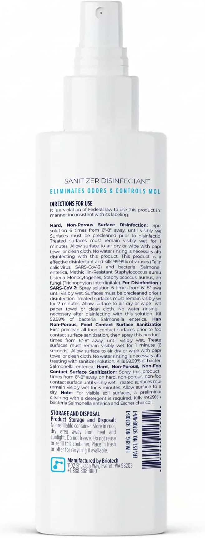 BRIOTECH Sanitizer Disinfectant Hypochlorous Spray, Kill 99.99% of Viruses & Bacteria, Control Mold, Eliminate Odor, Gentle for Nursery & Play Rooms, Food Contact Surface Sanitizer, 4 fl oz