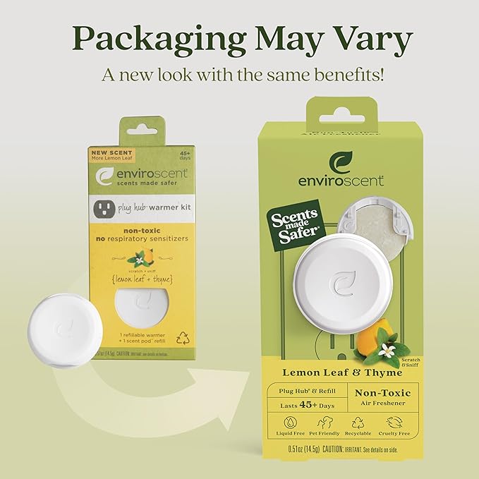 Enviroscent Non Toxic Air Freshener (Lemon Leaf & Thyme) Plug-in Home Fragrance Last 45+ Days | Kit includes 1 Refillable Plug In Warmer & 1 Scent Refill