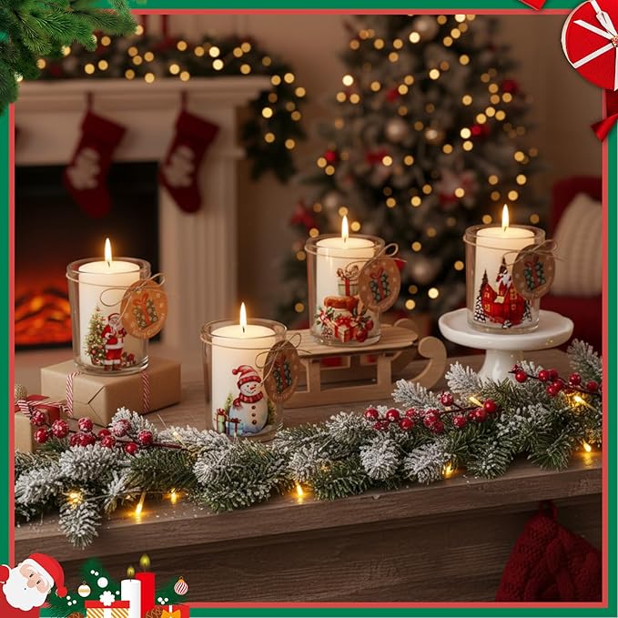 12 Pack Christmas Santa Claus Clear Candle Jars for Making Candles 7 oz Empty Glass Jars with Wood Lids and Blessing Card Snowman Candle Containers for DIY Gifts Home Tea Party Holiday Decor