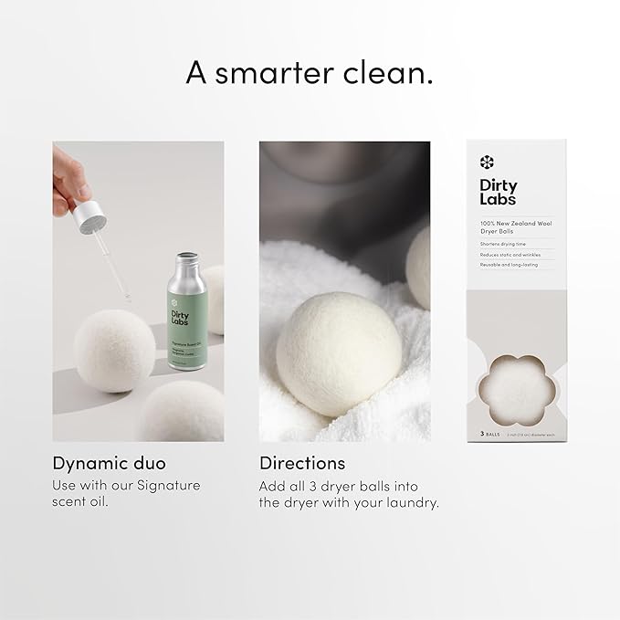 Dirty Labs | 100% New Zealand Wool Dryer Balls | 3 Balls | Shorten Drying Time | Reduce Static & Wrinkles | Dryer Sheet & Fabric Softener Alternative