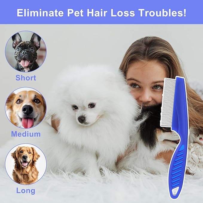 6-Pack Flea Comb for Cats Stainless Steel Lice Comb Set Dog Flea Brush Double-Sided Tear Stain Remover Pet Grooming Kit for All Types of Small Medium Large Pets (Blue)