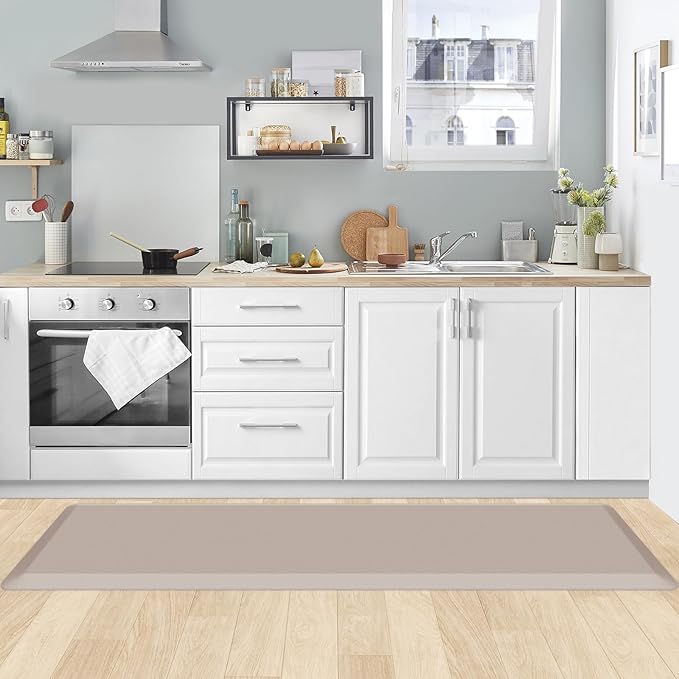 KitchenClouds Kitchen Mat Cushioned Anti Fatigue Kitchen Rug 0.8inch Waterproof Non Slip Kitchen Rugs and Mats Standing Desk Mat Comfort Floor Mats for Kitchen Sink Office (17.3"x60",Khaki)