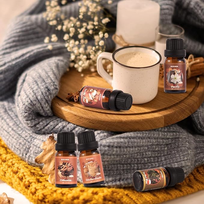 Autumn Fragrance Oils Set, AVEOIRA Fall Essential Oil Set for Diffuser, Candle, Soap Making, Pumpkin Spice, Forest Pine, Spiced Cider, Cinnamon, Vanilla, Snickerdoodle, Scented Oils, 6x10ml