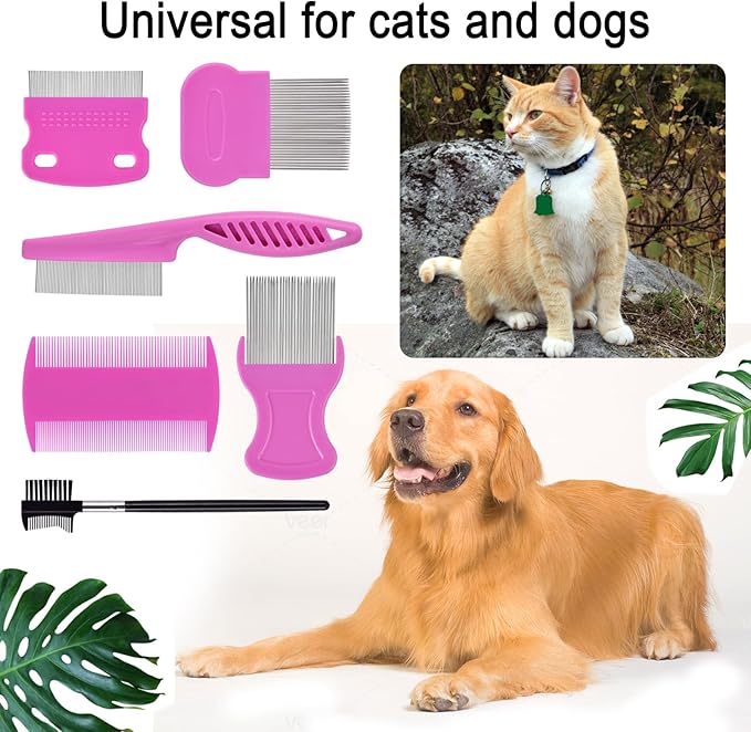 6 Pack Flea Comb for Cats Dogs,Stainless Steel Dog Cat Grooming Combs With Rounded Teeth,Double-Sided Tear Stain Remover,Dematting Comb For Dogs Cats Ideal for Small, Medium & Large Pets (Pink)