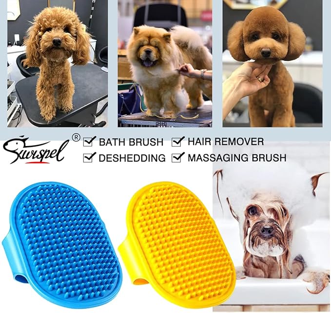 Dog Grooming Brush, Pet Shampoo Bath Brush Shedding Soothing Massage Rubber Comb with Adjustable Ring Handle for Long Short Haired Dogs and Cats 2pcs