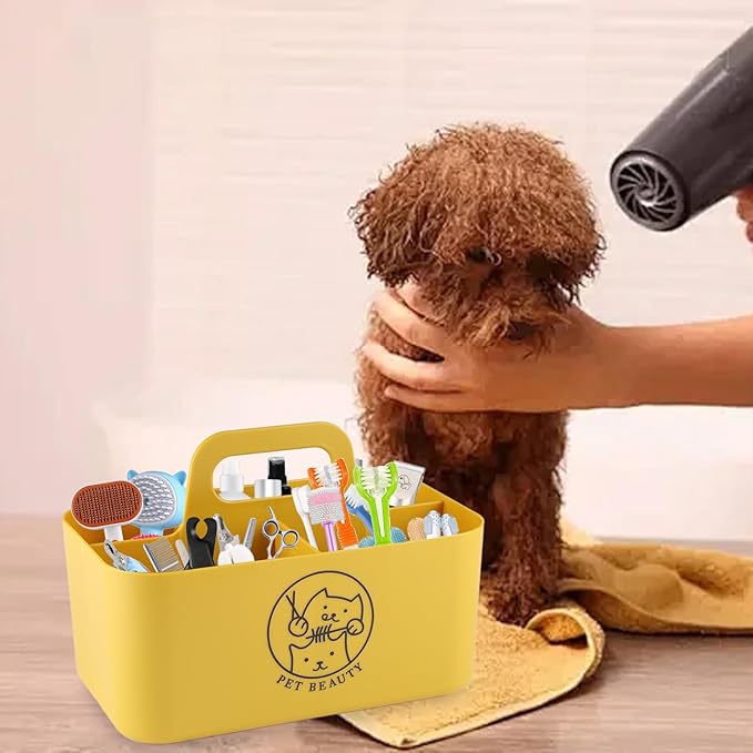 Dog Storage Organizer for Grooming Supplies,Portable Caddy Organizer for Pet Stuff,Divided Storage Bin for Dog Cat Grooming Kit,Dog Stuff Organizer with Handle for Shampoo,Clipper,Comb-Yeloow
