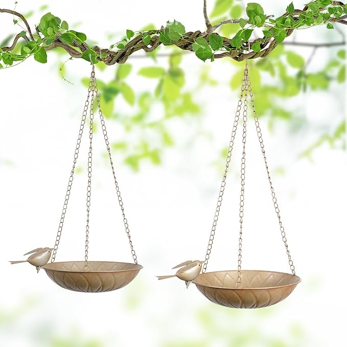 2 Pack Hanging Bird Bath for Outside, Metal Birds Feeder & Water Bowl with Chains and S-Hooks,Birdbath Hanging for Outdoors Bird Feeder Seed Tray Garden Yard Decor (Rustic Gold)