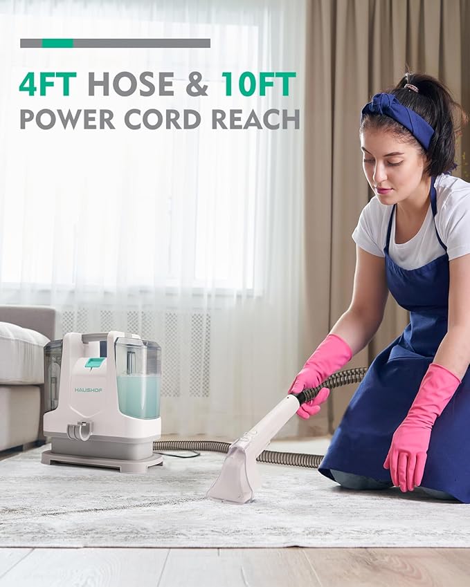 HAUSHOF Portable Carpet Spot and Upholstery Cleaner, Lightweight Handheld Deep Cleaner Machine for Pet Stains, Sofa, Rug, Mattress, Car Seat and Curtain, White & Light Grey