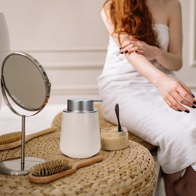 Bosilunlife Ceramic Foaming Soap Dispenser - Beige & Grey 12 oz Foam Hand Wash Dispenser Bathroom Countertop Kitchen Dish Soap Pump Dispenser Foam Soap Dispenser for Bathroom