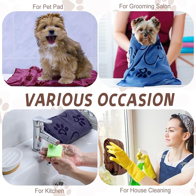 4 Pcs Dog Bath Towels Microfiber Drying Dog Towel Absorbent Pet Heart Paw Towels for Medium Dogs Puppy Cats Pets Shower(Gray, Brown, Blue, Wind Red)