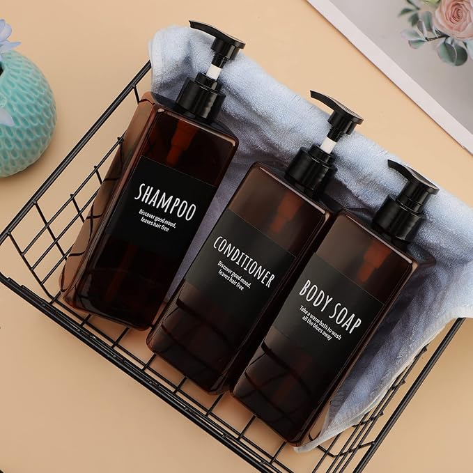 16.9oz Shampoo Bottles, Segbeauty 3pcs 500ml Pump Press Shower Containers with Labels, Empty Refillable Shampoo Body Soap Conditioner Shower Gel Plastic Bathroom Press Lotion Dispenser Amber