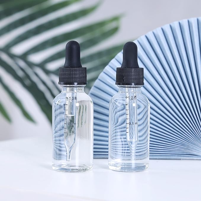 2 oz Dropper Bottle 12 Pack Clear Glass Boston Bottles 60ml with Eye Droppers Black Caps for Essential Oils, Perfume, Leak Proof Travel Bottles for Liquids