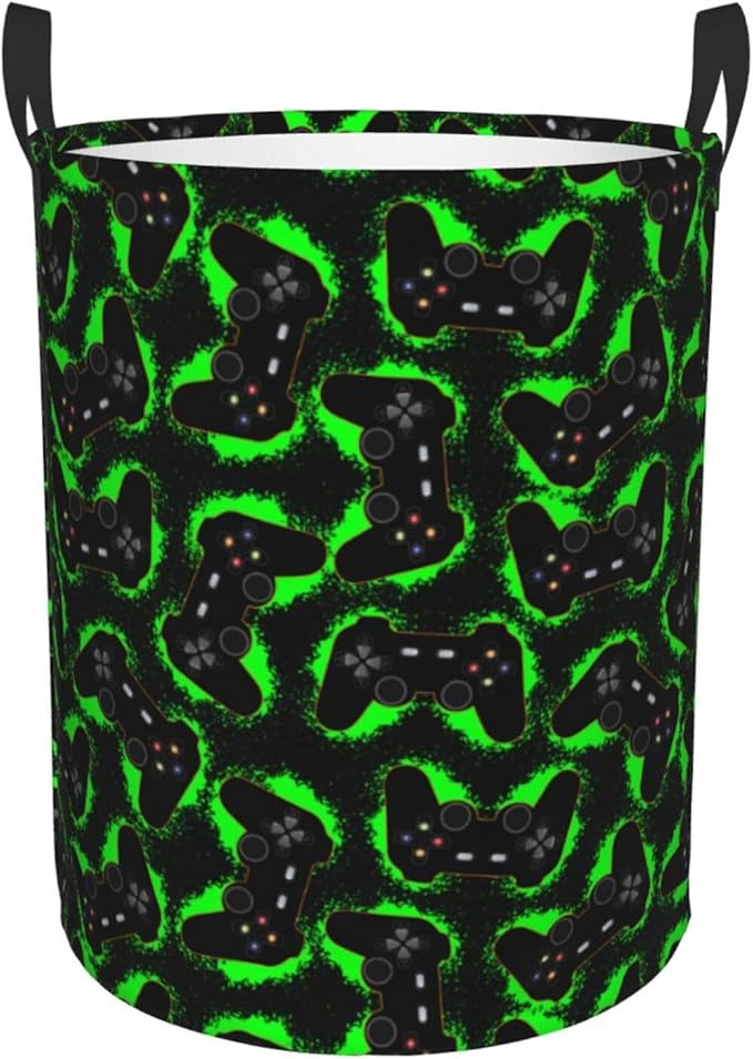 Game Joystick Laundry Hamper Bag With Waterproof Liner - Gamer Gamepad Round Laundry Basket Foldable Clothes Storage Organizer For Bathroom Bedroom Nursery Dorm, S-16.5"X 13.8"
