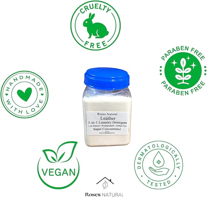 3-in-1 Leather-Scented Laundry Detergent Powder, 32 OZ, Natural, Plant-Based Formula, Cleans, Softens & Deodorizes – 64 Loads, HE Safe, Sulfate-Free, Made in the USA