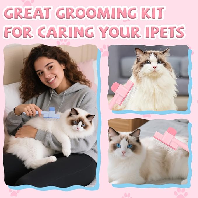 3 Pcs Pet Flea Comb Set, Self Cleaning Pet Comb with Stainless Steel Teeth, Flea Brush for Cat & Dogs with Scissors