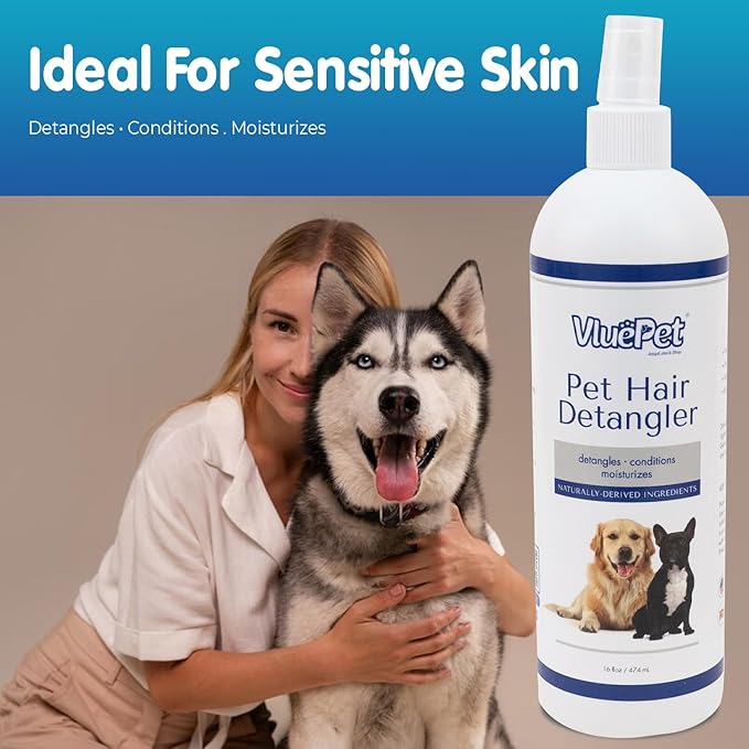 VLUEPET | Pet Hair Detangler Spray - Dematting and Conditioner Spray for Dog & Cat - Natural Ingredients, Paraben & Sulfate Free - Tangled & Dyes Remover - Aloe & Oatmeal Scent - Daily Use - 16 fl oz