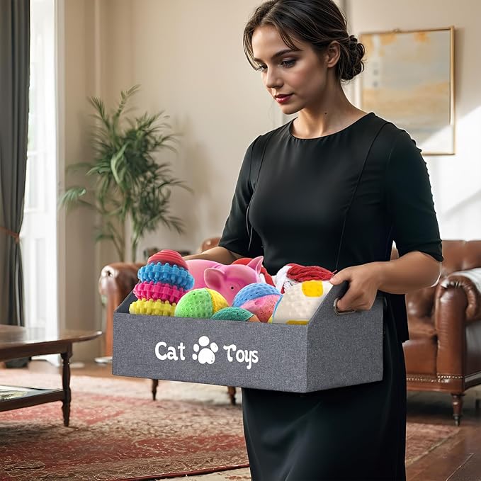 Cat Toy Basket, Kitten Toys Storage Organizer Foldable Fabric Bin Pet Supplies Chest Holder Trapezoid Container with Metal Handles for Organizing Cats Clothes Accessories, Deep Gray