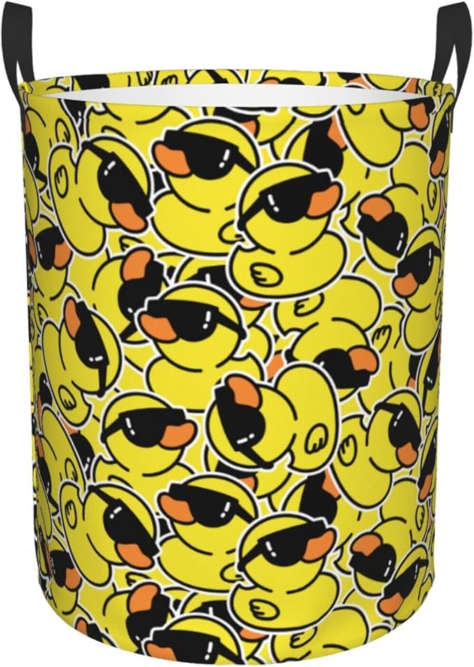 Cute Rubber Ducks With Funny Sunglasses Laundry Hamper Bag With Waterproof Liner - Round Laundry Basket Foldable Clothes Storage Organizer For Bathroom Bedroom Nursery Dorm, M-19.6"X 15.7"