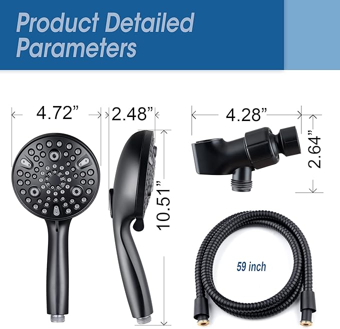 High Pressure Handheld Shower Head, 10-Setting Showerhead, 4.7”Detachable Showerhead Set with 5ft Hose, Adjustable Bracket and Built-in Power Wash to Clean Tub, Tile & Pets - Black