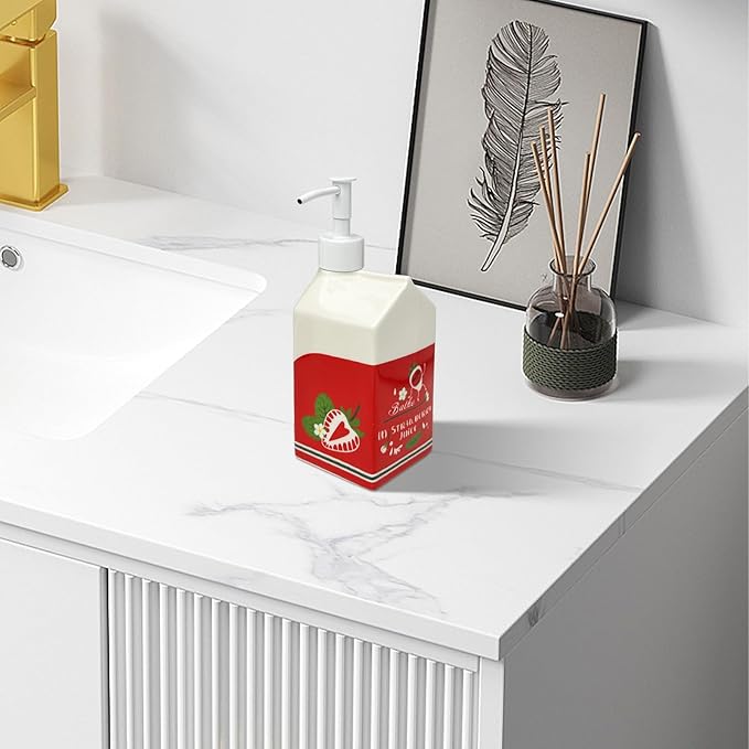 Ceramic Strawberry Juice Bottle Soap Dispenser, Refillable Lotion Bottle for Bathroom Kitchen Dish Soap (Strawberry)