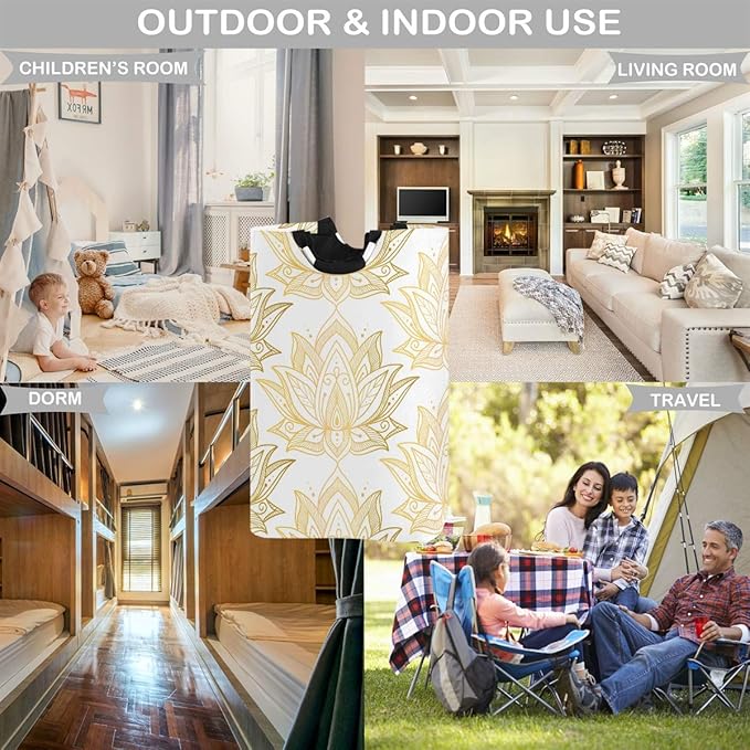 visesunny Collapsible Laundry Basket Gold Lotus Flower Large Laundry Hamper Oxford Fabric Dirty Clothes Toy Organizer with Handle For Bathroom Kids Room Dorm