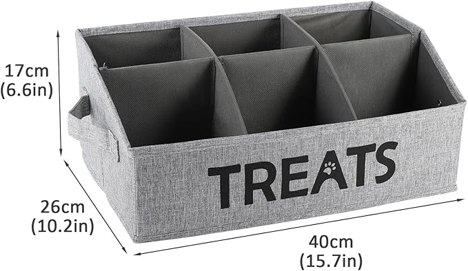 Dog Storage Organizer,Dog Treat Container Bin,Collapsible Fabric Storage Box for Pet Treats with dividers,Dog Stuff Container for Dog Treats Stick/Pet Canned Food/Packaged Snacks-Grey
