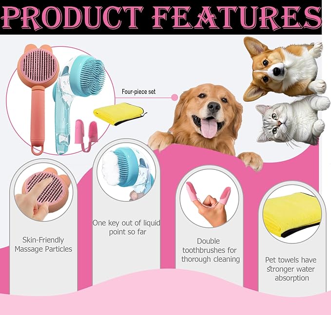 Dog Bath Brush 5 in 1 Grooming Kit - with Detachable Shampoo Dispenser & Dental Finger Cots, Gentle Pet Wash Tool for Dogs Puppies Cats, No-Slip Grip (Blue, Pink, Black)