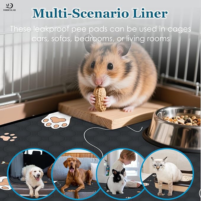 4-Pack Guinea Pig Cage Liner Washable, 16in x 30in Ultra-Absorbent Guinea Pig Bedding for Cage Non-Slip Leak-Proof Pee Pads for Dogs Rabbit Bunny Cat Litter Mat, Black