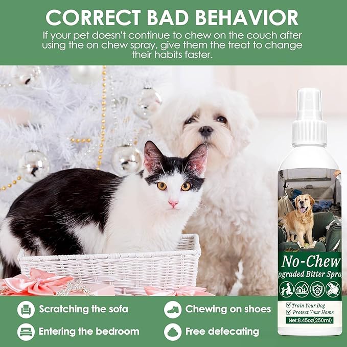 250ml No Chew Spray for Dogs, Bitter Apple Spray for Dogs Stop Chewing Licking of Furniture, Shoes, Bandages, Effective Indoor/Outdoor Dog Anti Chew Deterrent Training & Behavior Aids