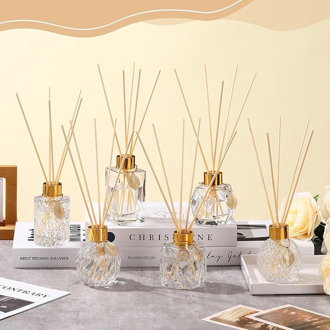 6 Pcs Reed Diffuser Gift Set Empty Reed Diffuser Bottle and 30 Pcs Sticks with Metallic Leaves Decoration Funnels 3.4 oz Fragrance Glass Prismatic Bottles for Essential Oil DIY Home Office, 6 Styles