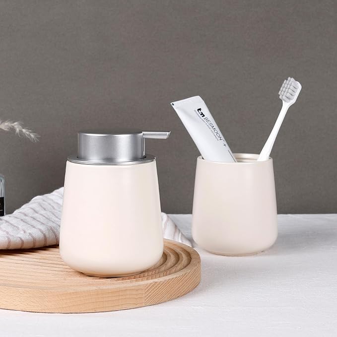 BosilunLife Hand Soap Dispenser - Beige & Grey 12Oz Ceramic Soap Dispenser Bathroom Refillable Liquid Dispenser for Dish Soap with Easy-to-Press Pump