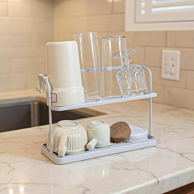 2 Pack Water Bottle Drying Rack with 2 Tier Holder – Space-Saving, Rust-Proof, Cup & Tumbler Organizer with Drain Tray & 2pcs Side Hooks for Kitchen Countertop (White, Carbon Steel)