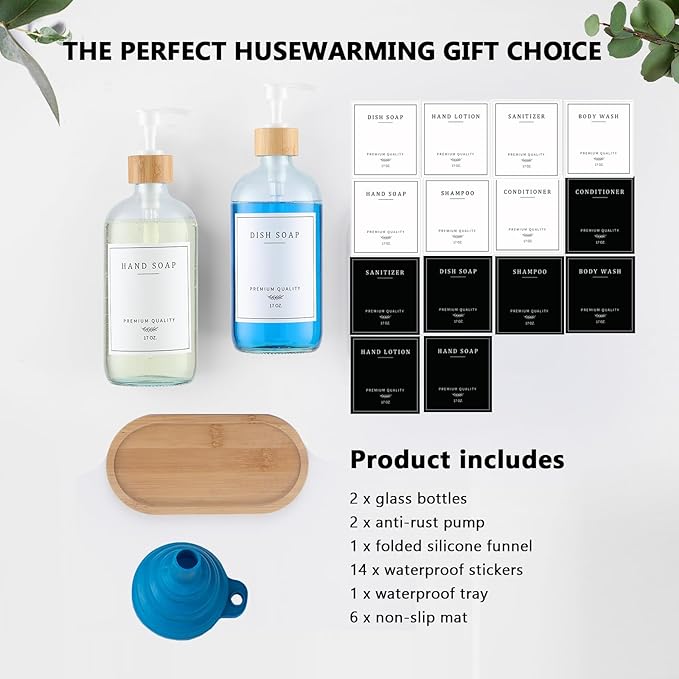 Clear Glass Soap Dispenser - Dish Hand Soap Dispenser Set for Kitchen, Refillable Soap Lotion Dispenser Bathroom with Sturdy Pump and Tray, 14 Waterproof Labels -Clear