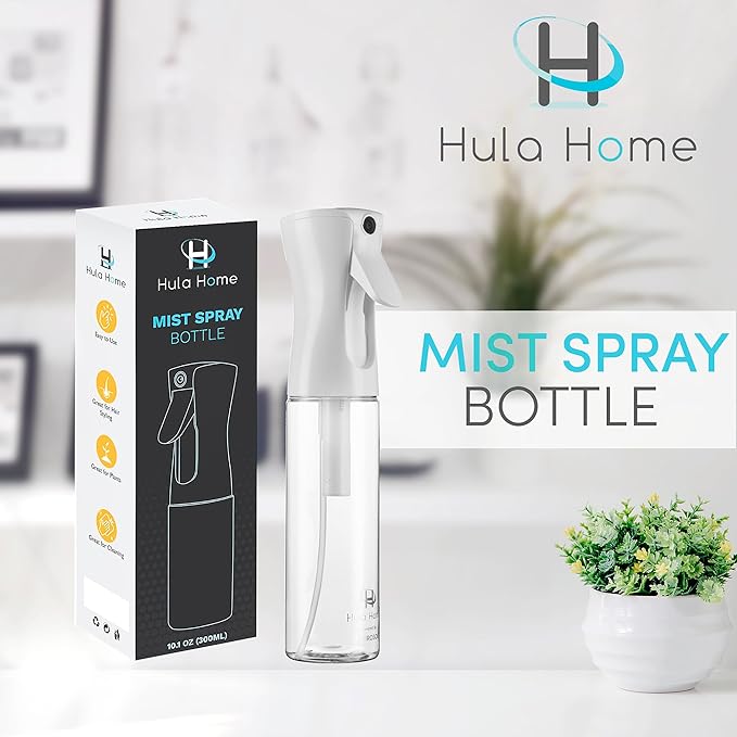 Hula Home Spray Bottle for Hair (10.1oz/300ml) - Powered by Flairosol® Spray Technology - Continuous Ultra Fine Mist Sprayer – For Hairstyling, Cleaning, Salons, Plants, Essential Oil & More - White