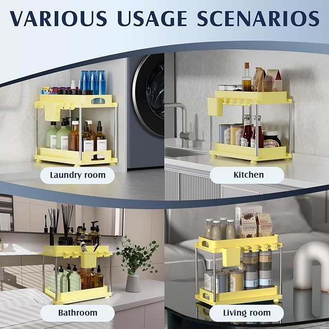 2 Pack Under Sink Organizers and Storage, Height Adjustable Bathroom Cabinet Organizer, 2 Tier Under Sink Organizer with Hooks, Under Cabinet Organizer for Kitchen Bathroom (Yellow