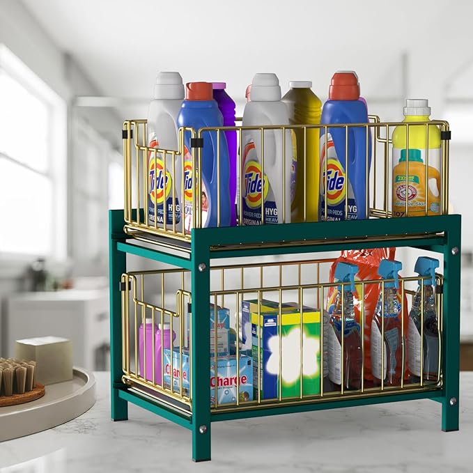 2 Tier Sliding Basket Drawer Organizer, Lxmons Pull Out Under Sink Cabinets Organizers, Metal Home Shelf for Bathroom or Kitchen, Sliding Countertop or Pantry Storage Shelf, Large Gold Green
