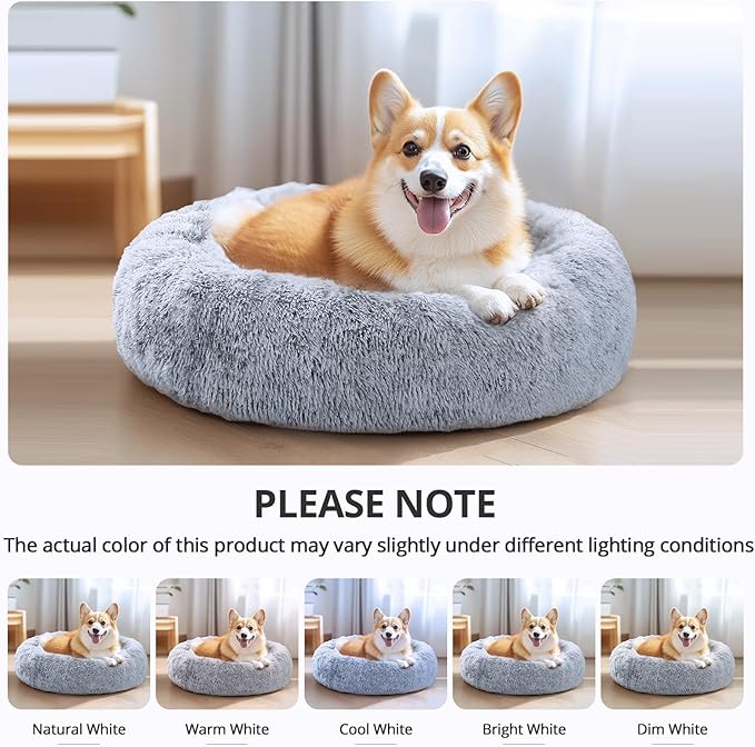JOLLYVOGUE Calming Dog & Cat Bed for Small Dogs, Anti-Anxiety Donut Cuddler Cozy Soft Round Bed with Anti-Slip Bottom, Fluffy Faux Fur Plush Cushion Beds for Small Dogs, (23", Smoke Gray)