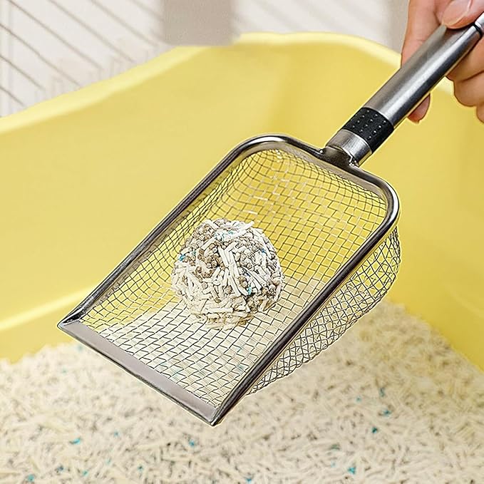 Integrated Metal Cat Litter Scoop, Stainless Steel Mesh Litter Scoop, Long Handle Cat Scooper, Poop Sifting Mesh Litter Deep Shovel, Cat Litter Scooper for Litter Box/Reptile Terrarium Sand Waste