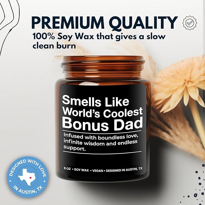 World's Coolest Bonus Dad Candle, Unique Sentimental Father's Day & Birthday Gift for Step Dad, Thoughtful Gifts for Father in Law, Best Presents for Birthday, Christmas, Special Occasions, Gift Ready
