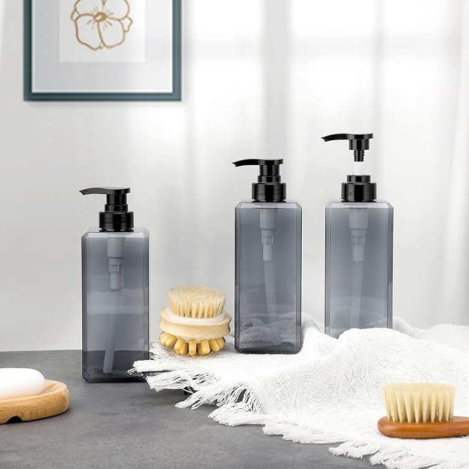Suream 22oz Empty Plastic Bottles for Shampoo with Lables, 3Packs Bathroom Shower Containers, Refillable & Reusable Lotion Dispenser, Pump Press Bottles for Kitchen, Office, Hotel, Travel, SPA