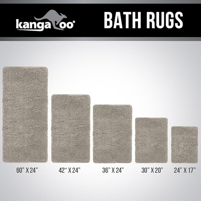 KANGAROO Bathroom Rugs, Chenille Soft Absorbent Bath Rug, Shaggy Shower Mat, Quick Dry Machine Wash Bathmat, Plush Carpet Mats for Tub, Bathtub and Room Home Decor Accessories, 30x20, Beige